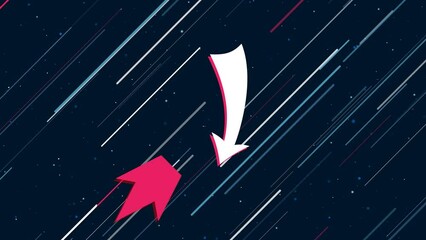 Poster - Down arrow flies through the universe on a jet propulsion. The symbol in the center is shaking due to high speed. Seamless looped 4k animation on dark blue background with stars