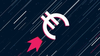 Poster - Euro symbol flies through the universe on a jet propulsion. The symbol in the center is shaking due to high speed. Seamless looped 4k animation on dark blue background with stars
