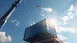 Experience the hustle of logistics with a lateral view of a pristine deep blue container being loaded by a crane. A photorealistic scene with shining sunlight and a clear blue sky