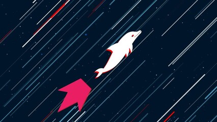 Poster - Dolphin symbol flies through the universe on a jet propulsion. The symbol in the center is shaking due to high speed. Seamless looped 4k animation on dark blue background with stars