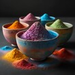 Vibrant colored powders in bowls, artistically captured mid-air, showcasing a mix of textures and hues