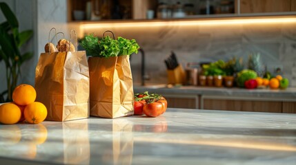 White marble table with paper bags of super market with groceries, the background is modern blurred kitchen. Healthy food delivery concept. Generative ai