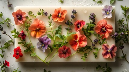 Wall Mural - An AI-generated image showcasing a picture frame crafted from the vibrant petals of edible flowers, set on a white canvas, emphasizing the subtle beauty and delicate colors in a minimalist composition