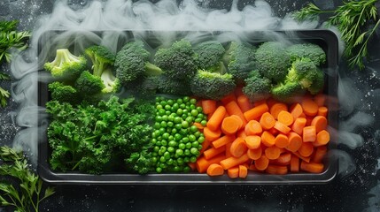 Wall Mural - An AI-rendered image depicting a picture frame of freshly steamed vegetables, including broccoli, carrots, and peas, on a white background. Wisps of steam float up