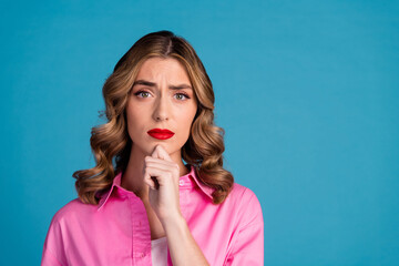 photo portrait of pretty young girl skeptical minded face wear trendy pink outfit hairdo isolated on