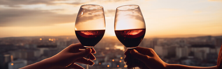 Wall Mural - Two female hands toasting or clinking with red wine glasses on a city and minimalist background 