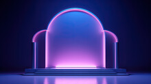 Neon Arc In Blue And Purple Lights Room. Abstract Background For Product Display.