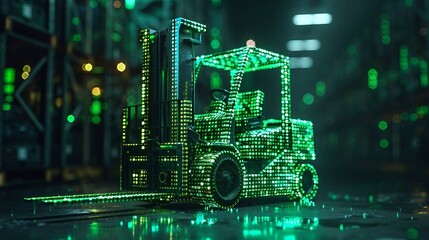 digital green forklift truck with glowing data streams symbolizes the optimization of artificial intelligence in warehouse management and inventory control. 
