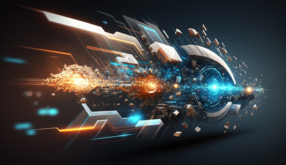 Aufkleber - Colorful explosion of sci-fi engine and particles. Technology abstract with scientific device blast.