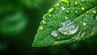 Big water drop Water on green leaf. Beautiful leaf with drops of water. Environment Concept. Photo of rain drops falling from a leaf. Long wide banner. Copy space for your design