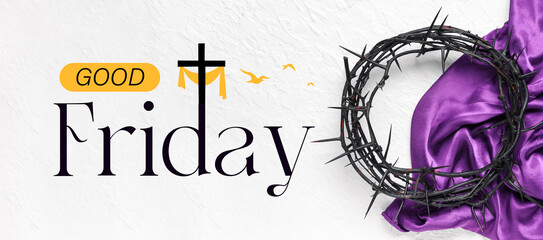 Wall Mural - Crown of thorns with purple cloth on white grunge background. Good Friday concept