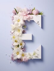 Wall Mural - Letter E made of real natural flowers and leaves, on a blue background. Spring, summer and valentines creative idea