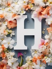 Wall Mural - Letter H made of real natural flowers and leaves, on a orange background. Spring, summer and valentines creative idea