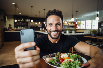 AI generated image of handsome man cooking and eating healthy organic vegetarian food