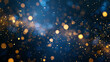 Abstract Background with Dark Blue and Gold particle. Christmas Golden light shine particles bokeh on navy blue background. Gold foil texture. Holiday concept.