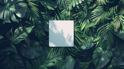 Wall Mural - White frame on a background of tropical green leaves with space for text, invitation or banner.