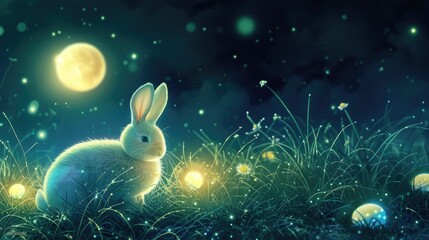 A Mountain Cottontail rabbit is resting in the grass with Easter eggs in front of a full moon AIG42E