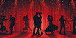 Silhouette groups of couples dancing on red stage theater spotlights world dance day background 