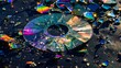 Shattered CD with colorful light reflections
