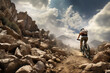 A stunning foto of a young adult and Asian woman riding her bicycle on a rocky mountain, a backside portrait of a girl racing her mountain-bike on a dusty hillside full of rocks at mid-day 
