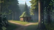 Hut With Trees And Bushes Around In A Dense Forest. A Beautiful Road Leads To The Hut