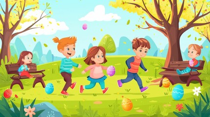 Wall Mural - A group of happy children are playing with Easter eggs under a tree in the park, surrounded by green grass. They laugh and have fun, like characters in a cartoon AIG42E