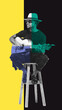 © master1305 - Stylish young guy, musician sitting and playing guitar. Monochrome image with colorful elements. Contemporary art collage. Concept of art, music, festival, concert, performance, show, creativity