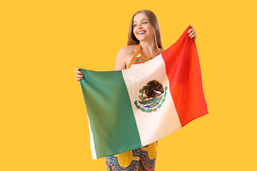 Sticker - Young woman with Mexican flag on yellow background