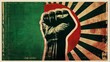 A poster of a black power fist raised in the air, with a green and red color palette
