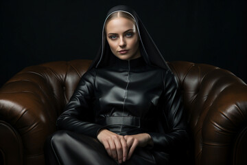 Wall Mural - Mysterious religious person nun priest in church robe serious face expression Generative AI illustration