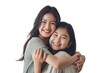 Asian girl with a wide smile tightly embraces her young mother isolated on transparent background