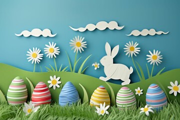 Wall Mural - A paper bunny and Easter eggs are surrounded by flowers and plants in a happy meadow. The natural landscape includes grass and petals under a blue sky AIG42E