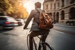 A beautiful young adult of Latin hipster man riding his bicycle to work, a backside portrait of a guy commuting on a bicycle on a sunny day in an urban street at mid-day 