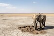 A solitary elephant stands by a small water hole in a parched savanna landscape, symbolizing wildlife adaptation. Elephant by Water Hole on Arid Land