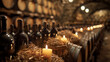 Barrels and bottles in a wine cellar