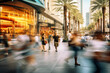 Blurred Motion: Bustling Scene in Miami with Sidewalks, Pedestrians, Palm Trees, and Shops, Capturing the Dynamic Energy of the City