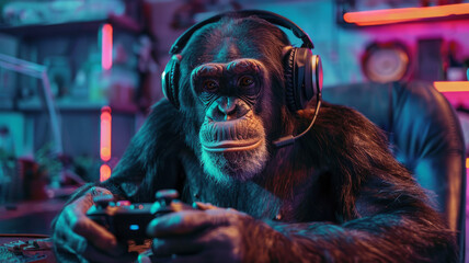 Chimpanzee playing video game with neon lighting