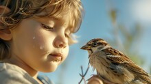  Tears Glisten In The Eyes Of A Young Boy As He Gently Holds A Dead Bird, Its Feathers Ruffled By A Soft Breeze Under A Clear Blue Sky