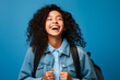 Experience the joy of learning with a smiling and cheerful Gen Z Latin girl, the epitome of youthful exuberance. Clad in a denim Generative AI,