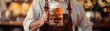 A man holding a mug of beer in his hand, Oktoberfest concept, created with generative AI technology 