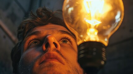 Aufkleber - Man looking up at a bright light bulb, suitable for concepts of inspiration and ideas