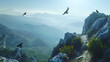 Birds of prey soaring overhead on thermals along a mountain trail