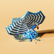 Beach umbrella with summer accessories on beige background. Summer concept. 3D Rendering, 3D Illustration