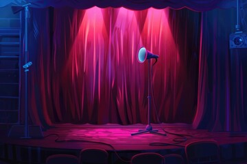 Poster - A stage setup with a microphone and a vibrant red curtain. Ideal for music performances or public speaking events