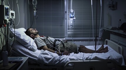 Canvas Print - A man laying in a hospital bed next to a monitor. Suitable for medical and healthcare concepts