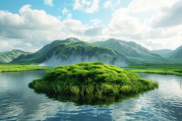 Poster - A serene view of a small island in the middle of a lake. Perfect for nature or travel concepts