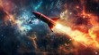 A red rockets journey begins, up close against a dynamic, colorful space backdrop, embodying success and exploration