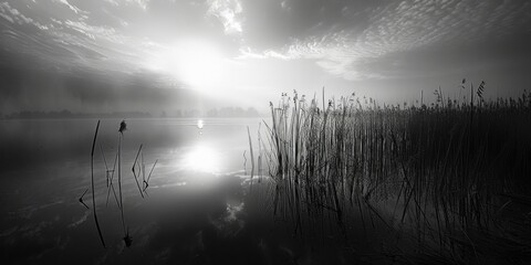 Poster - A serene black and white photo of the sun setting over a calm lake. Perfect for nature and landscape themes