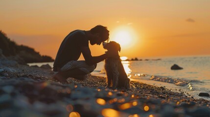 A man and his dog enjoying the sunset on the beach. Suitable for travel and lifestyle themes