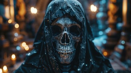 Poster - A spooky skeleton wearing a black hood and hoodie. Suitable for Halloween-themed projects